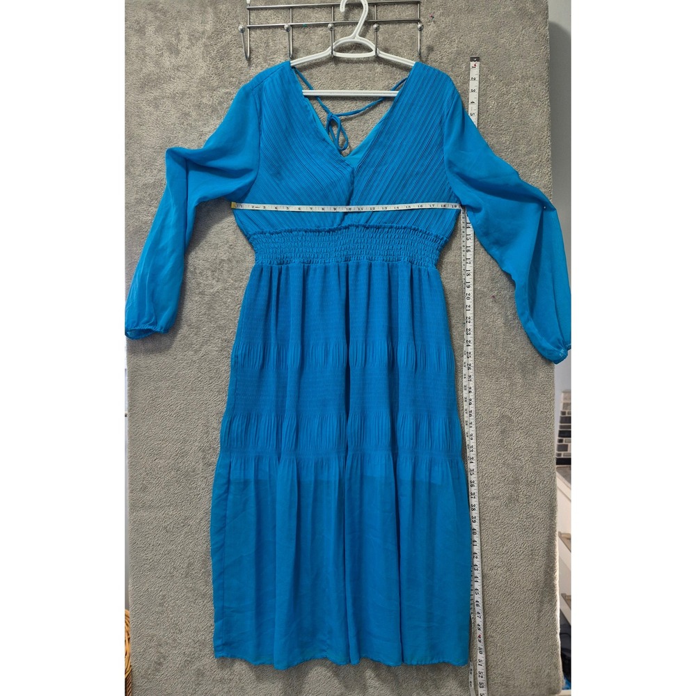 Steve Madden Womens Blue Pleated V-Neck Smocked Waist Midi Dress L BN108583 - Picture 4 of 5